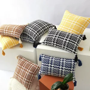 Ready Stock ZT232 Splicing Woven Throw Pillow Polyester Cotton PP Cotton Filling Tassel Double Sided European