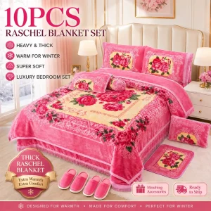 Ready to Ship Heavy Pink 10pcs Raschel Mink Blanket Bedding Set Luxury Floral Bedspread Set for Winter