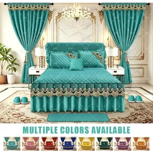 Ready to Ship Luxury 12pcs King Size Cotton Touch Bedskirt Set Quilted Bedding Bedspread Set with Curtains Carpet Slippers