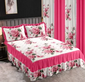 Ready to Ship Luxury 7pcs Bedspread Bedskirt Set Printed Floral King Size Bed Skirt with Matching Curtains Bed Sheet Cover Sets