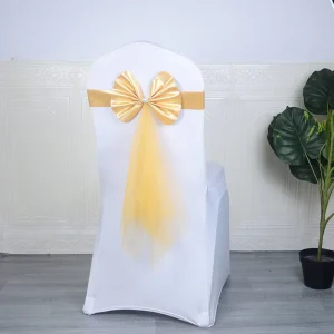 Ready to Ship Luxury Spandex Chair Sash with Mesh Streamers Silk Gloss Bow Universal Elastic Chair Band for Wedding Banquet