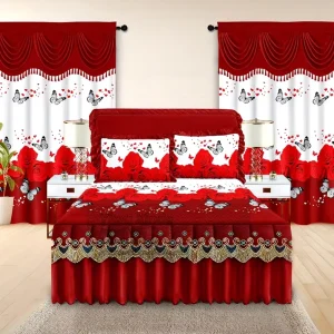 Ready to Ship Printed 5 Pieces Bed Skirt Set with Valance Curtains Floral Bedding Set
