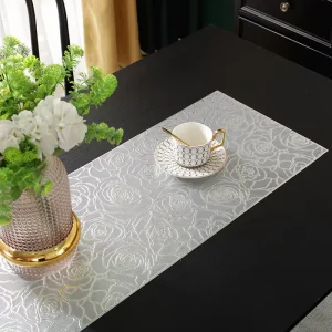 Rectangle Embossed Rose Floral Table Runner Vintage Textured Resistant Washable Dining Table Mat for Home Afternoon Tea