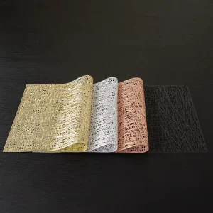 Rectangular Metallic Placemat Set Woven Lattice Texture Heat Resistant PVC Table Mat Gold Silver Rose Red