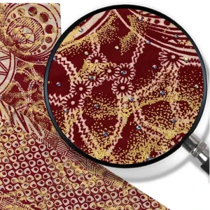 Red African Wax Print Fabric Decorated with Gold Sequins and Rhinestones Also Known As Ankara or Hollan Wax Print