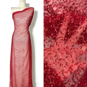 Red Beaded Lace Fabric Tear Resistant Breathable Eco Friendly for Wedding Gowns and Evening Dresses