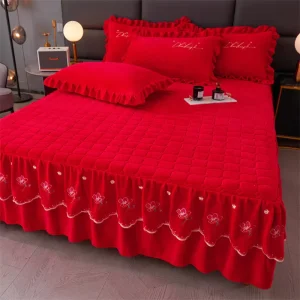 Red Embroidery Thick Velvet Bed Skirts Bedding Set King Size Bed Home Bed Covers With Pillow Case Skirt for Hotel