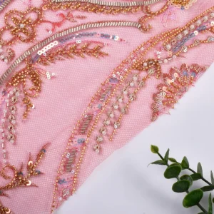 Red Heavyweight 600gsm 100%Polyester Handmade Beaded Sequin Lace Embroidery Fabric