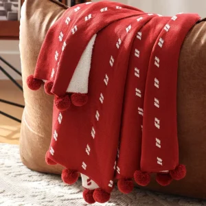 Red Knitted Throw Blanket Half Fleece Reversible Jacquard Pom Pom Festive Gift All Season Luxury