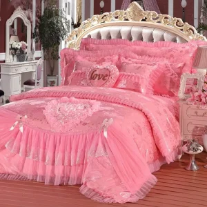 Red Korean Version of Wedding Cotton Lace Embroidery Four Sets of Twill Cotton Red Wedding Bedding Sets