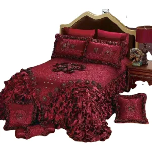 Red Luxury European Wedding Style Jacquard Stereoscopic Rose Lace Edge Bedspread Coverlet Embroidered Bed Sheet Skirt