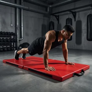 Red PVC Tri Fold Exercise Mat 4cm Thick Adult Gym Fitness Workout Pad with Carry Handle Straps Non Slip Surface