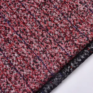 Red Plaid Boucle Breathable Herringbone Tweed Fabric for Autumn Winter Coats Dresses