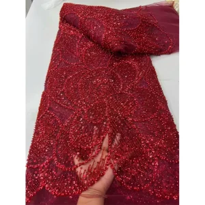 Red Sequins Embroidered Lightweight Organic Mesh Fabric 5 Yards Cotton Woven Boho Gold Lace Applique Trim Wedding Girls Sewing