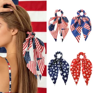 Red White Blue USA Flag Print Hair Scarf Scrunchies Long Tail Bow Satin Hair Ties Patriotic 4th of July Outfit Hair Decor
