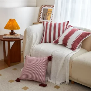 Red White Plaid Stripe Fringe Edged Throw Pillow Simple Solid Color Lumbar Support Cushion for Office Waist Back Support