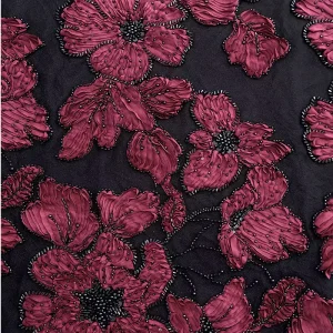 Red Wine Beaded Tube 3D Lace Embroidery Sequin Organic Eco Friendly Lace Fabric for Evening Dress