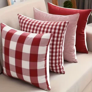 Red and White Gingham Plaid and Striped 4 Pack Throw Pillow Covers Decorative Cushion Cases for Sofa Couch