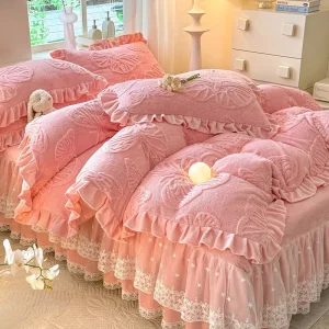 Relaxed High End Thickened Milk Velvet Four Piece Comforter Set Anti Static Warm Duvet Cover Flannel Bed Skirt Water Resistant