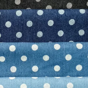 Retro Classic 10 * 10 Yarn Count Breathable Washing Process Large Small Wave Dot Denim Fabric White Dot Printing