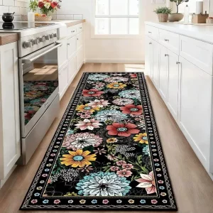 Retro Floral Runner Rug Colorful Flower Pattern Carpet Soft Non Slip Home Decor Floor Mat for Living Room Bedroom Kitchen