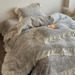 Retro Pastoral French Lace Cotton Linen Bed Cover 3 Layer Yarn Bedding Set Linen Bed Sheets