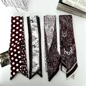 Retro Pattern Double Sided Twill Scarf Lightweight Polka Dot Paisley Printed Long Ribbon Scarf for Women Hair Styling Bag Handle