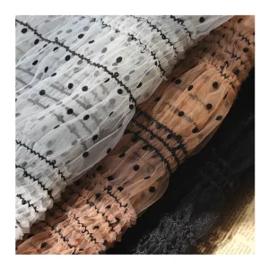 Retro Style Polka Dot Pattern Flocking 100% Polyester Embroidered Xequin Wrinkle Mesh Fabric for Spring Summer Women Shirt Dress