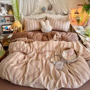 Retro Vertical Stripe Polyester Double Gauze 4pcs Bedding Duvet Cover Set Soft Breathable BedSheet
