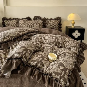 Retro Washed Cotton Modern Luxury Princess Style Organic Eco Friendly Water Resistant Button Duvet Cover 4 piece Bed Sheet Set