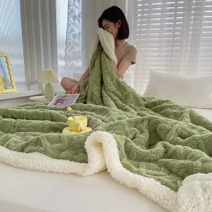 Reversible Jacquard Sherpa Polyester Soft Blanket Olive Green Solid Pattern Throw Sofa Bed Cozy Warm Home Bulk