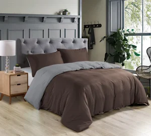 Reversible Microfiber Duvet Cover Set Double Size Grey Brown Button Closure