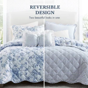 Reversible Quilt Set Blue Floral 3pc Bedding Set Lightweight Scalloped Edge Soft Cozy Queen Quilt Set