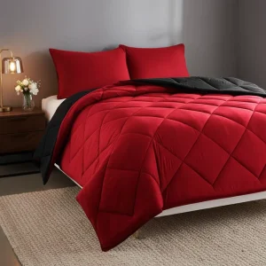 Reversible Red Black Comforter Set Diamond Quilted All Season Bedding Set with Pillow Shams