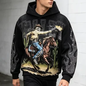 Rhinestone Enzyme Wash Solid Vintage Custom Print Embroidered Winter Hoodie Pullover Unisex Loose Fit
