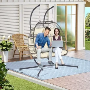 Rocking Chair Living Room Rattan Double Seater Hanging Egg Chair with Comfortable Cushions and Frame Patio Swing Chair
