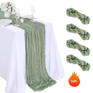 Romantic Cheesecloth Table Runner 35×72 Inch Sage Green Boho Gauze Long Table Runner for Wedding Birthday Party Table Decor