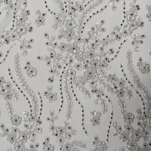 Romantic Floral Vine Sequin Embroidery Lace Fabric Silver Beaded Mesh Tulle for Luxury Wedding Gowns Prom Party Dresses
