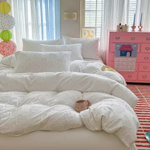 Romantic Heart Cutwork Washed 4 Piece Bedding Set Duvet Cover + Pillowcases Choice of Flat or Fitted Sheet