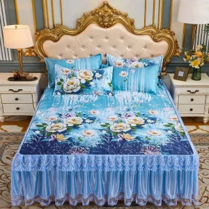 Romantic Lace Bed Skirt Home Bedding Set King Queen Size Bed Ice Mat Folding Embroidered Sheets Bedspread with Skirt