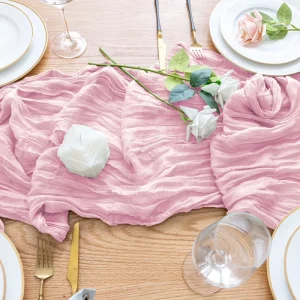 Romantic Pink Cheesecloth Table Runner 10Ft Rustic Gauze Table Runner 38X120 Inches Boho Tablecloth for Wedding Bridal