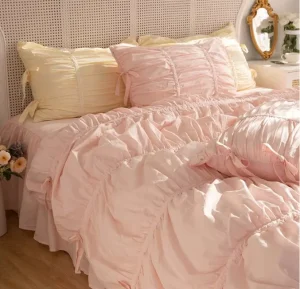 Romantic Pink Ruffle Tie Closure Bedding Set Elegant Home Textile Set