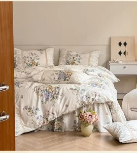 Romantic Vintage Floral Cotton Bedding Set 100% Pure Cotton Skin Friendly Duvet Cover Pillowcase & Lace Ruffle Bed Skirt Set