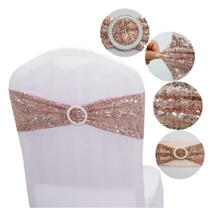 Romantic Wedding Party Chair Sashes One Sided Sequin Stretchy Spandex Bands Bows Sequins Chair Cover Chair Sashes