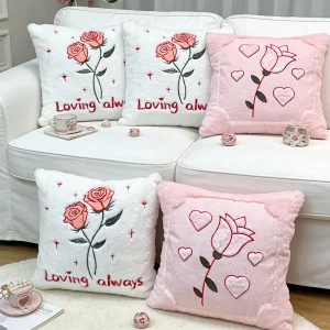 Rose-patterned Embroidered Valentines Day Living Room Square Polyester Sofa Cushion Throw Pillow