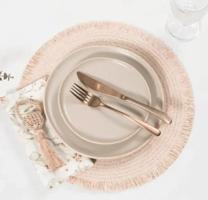 Round Braided Placemats Fringe Paper Table Mats Hand Woven Non Slip Insulation Place Mats Tea Cup Pad Dining Table Decorations