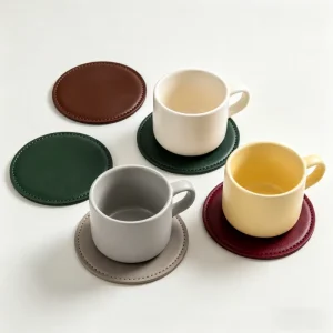 Round Classic Leather Placemats & Coasters 3mm Thick Customized for Drink Spills Eco Friendly & Non Slip Table Decor