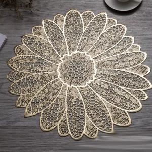 Round Golden Hollow Out Placemat PVC Woven Vinyl Place Mats for Dining Table Non-Slip Heat Insulation Kitchen Table Mats