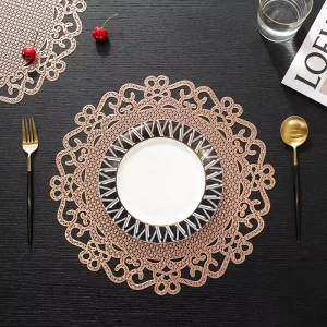 Round Hollow Lace PVC Placemat European Vintage Scroll Pattern Decorative Table Placemat Gold Silver Rose Red