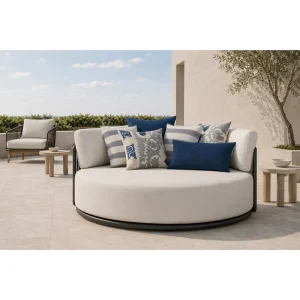 Round Outdoor Daybed All Weather Aluminum Frame Poly Rope Handwoven Patio Lounge